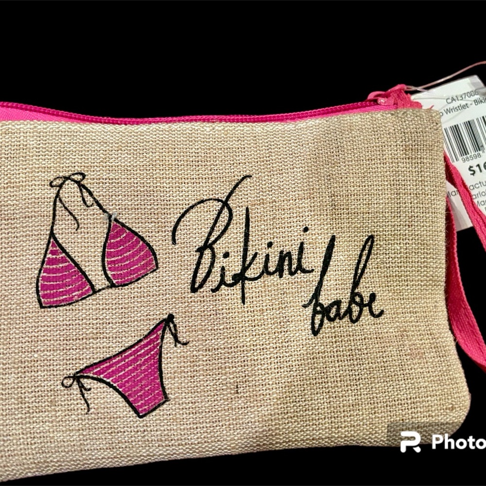 Burlap wristlet with bikini and bikini babe. Writing brand new, unused.